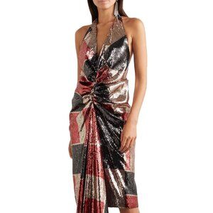 HALPERN Draped sequined tulle halterneck midi dress mulicolor